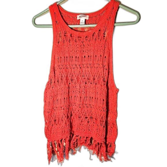 Arizona Jean Co. Tops - Arizona Jean Pink Crochet Fringe Tank‎ Top XXL Boho Open Knit Sleeveless Shirt